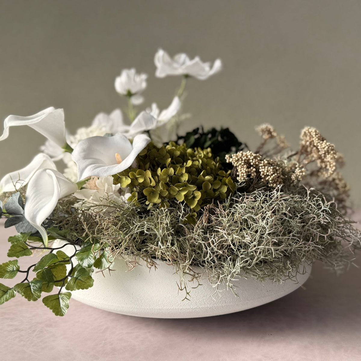 White Calla Lily & Moss Bowl Arrangement