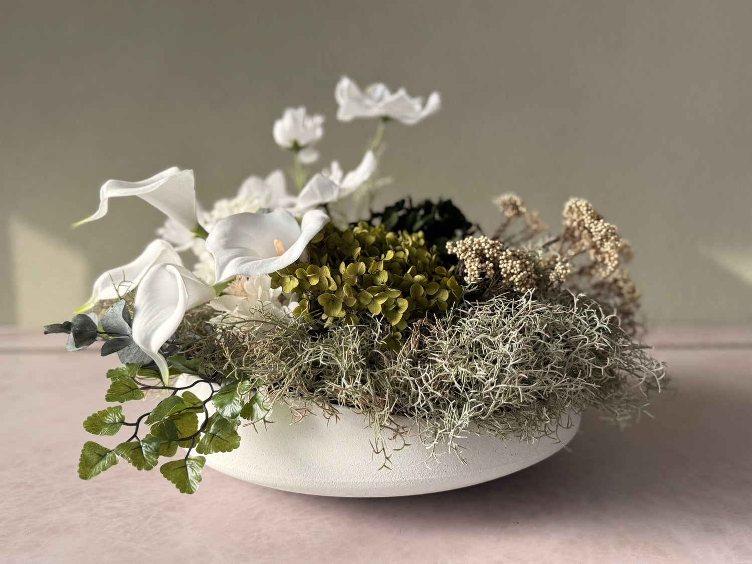 White Calla Lily & Moss Bowl Arrangement