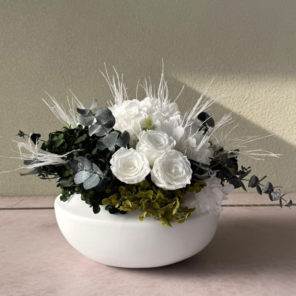 White Preserved Rose Bowl Arrangement