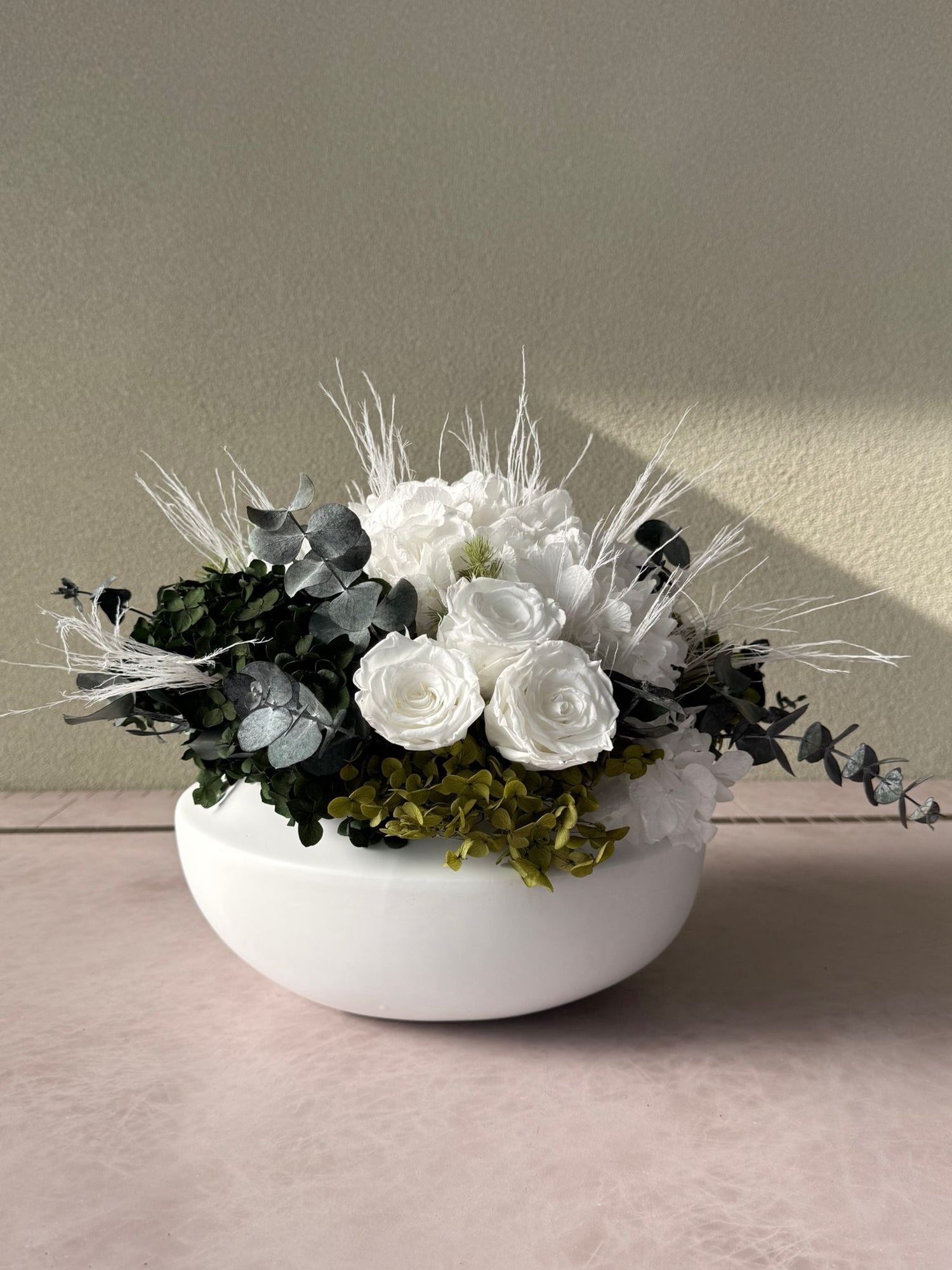 White Preserved Rose Bowl Arrangement