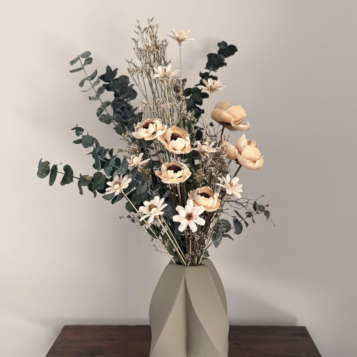 Neutral Botanicals Dried Arrangement in Sage Geometric Vase