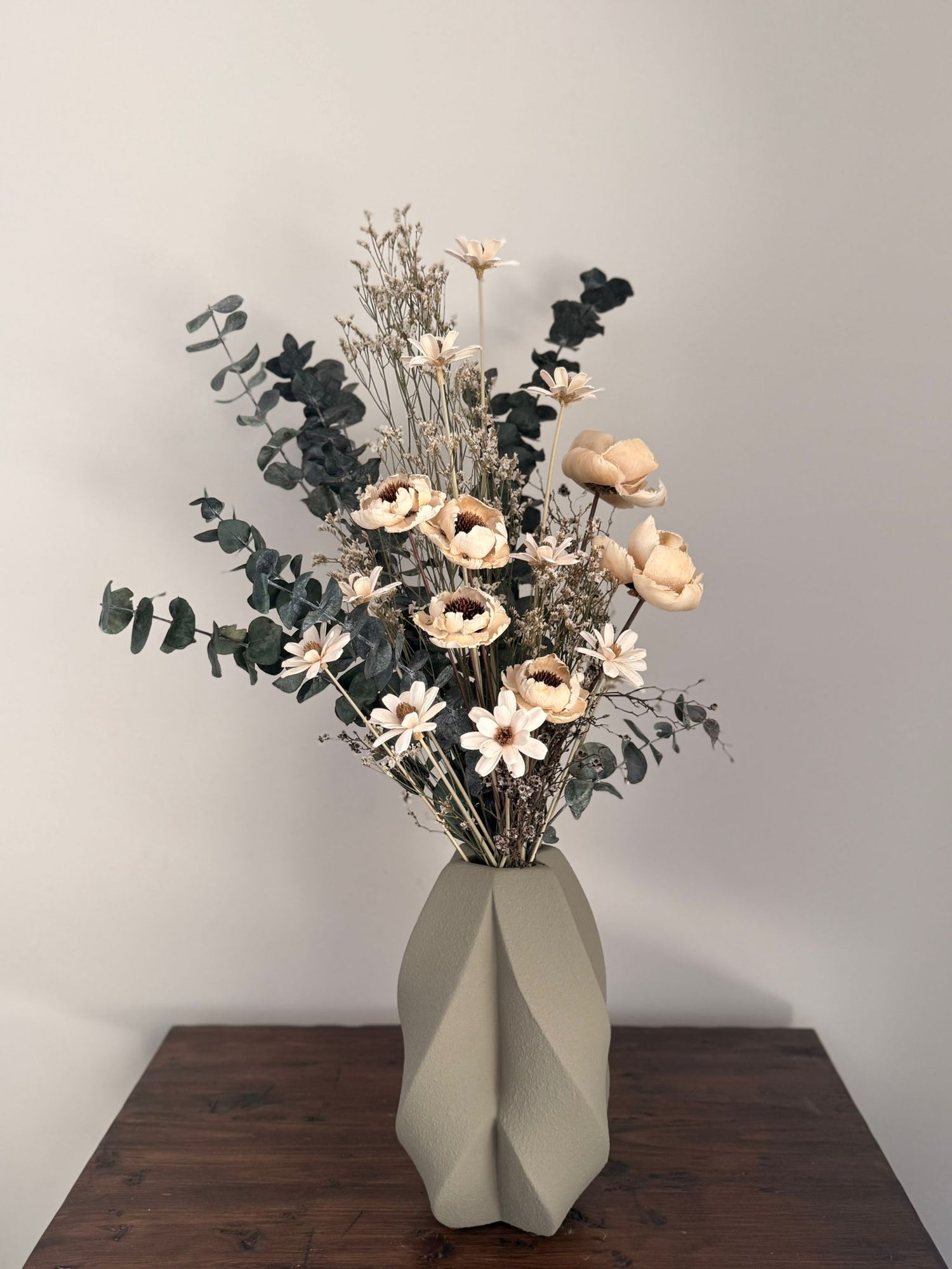 Neutral Botanicals Dried Arrangement in Sage Geometric Vase